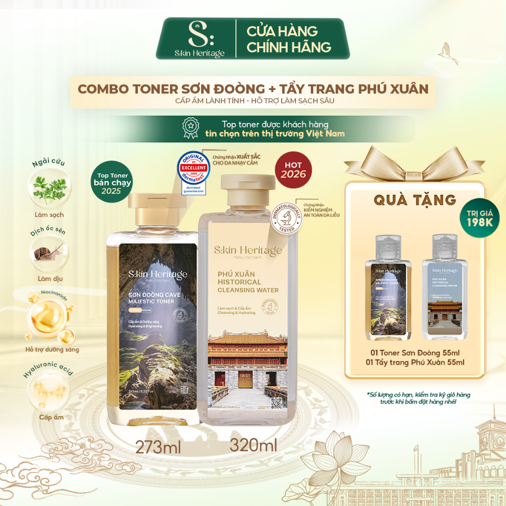 [BỘ ĐÔI GIẢM 40%] Sản Phẩm Hỗ Trợ Làm Sạch, Cấp Ẩm SKIN HERITAGE Toner Sơn Đoòng 273ml & Nước tẩy trang Phú Xuân 320ml