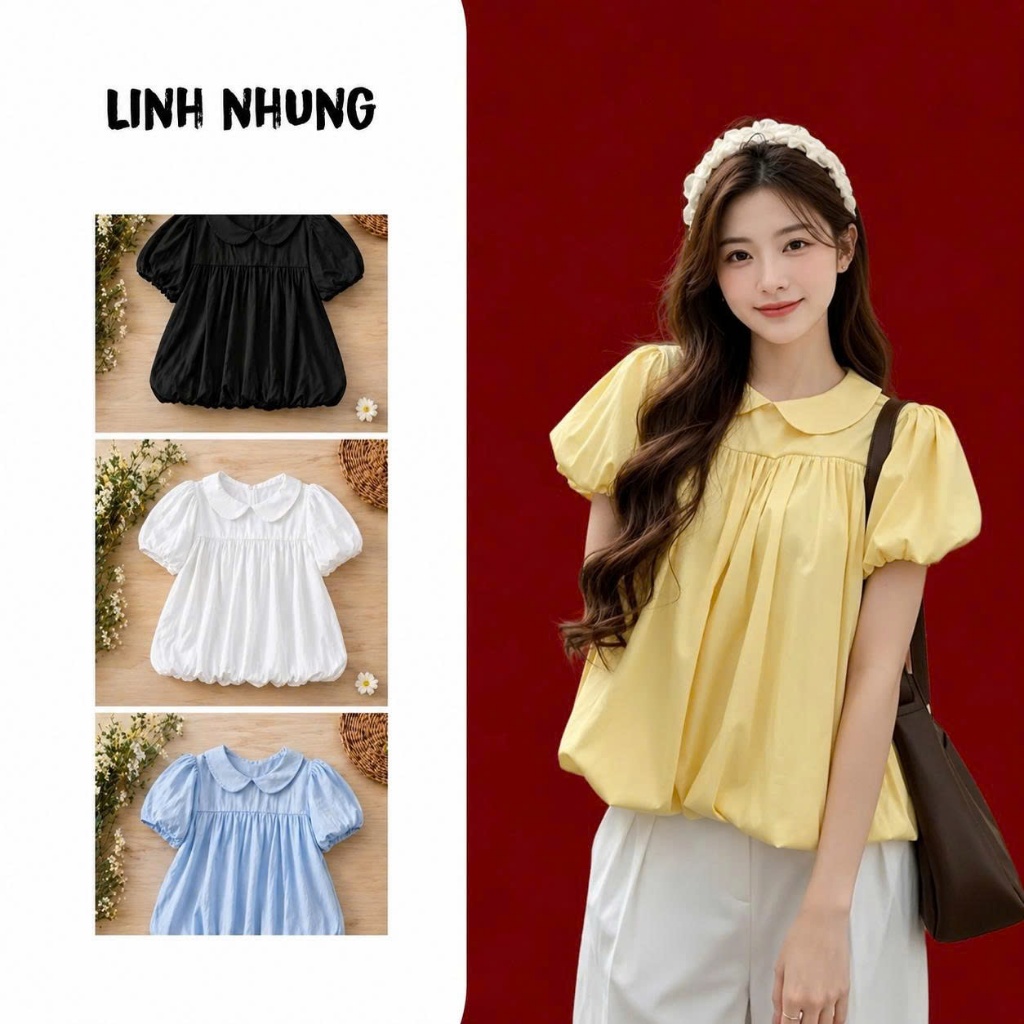 Áo kiểu babydoll cổ sen tay phồng dáng bí đáng yêu phong cách Hàn Quốc