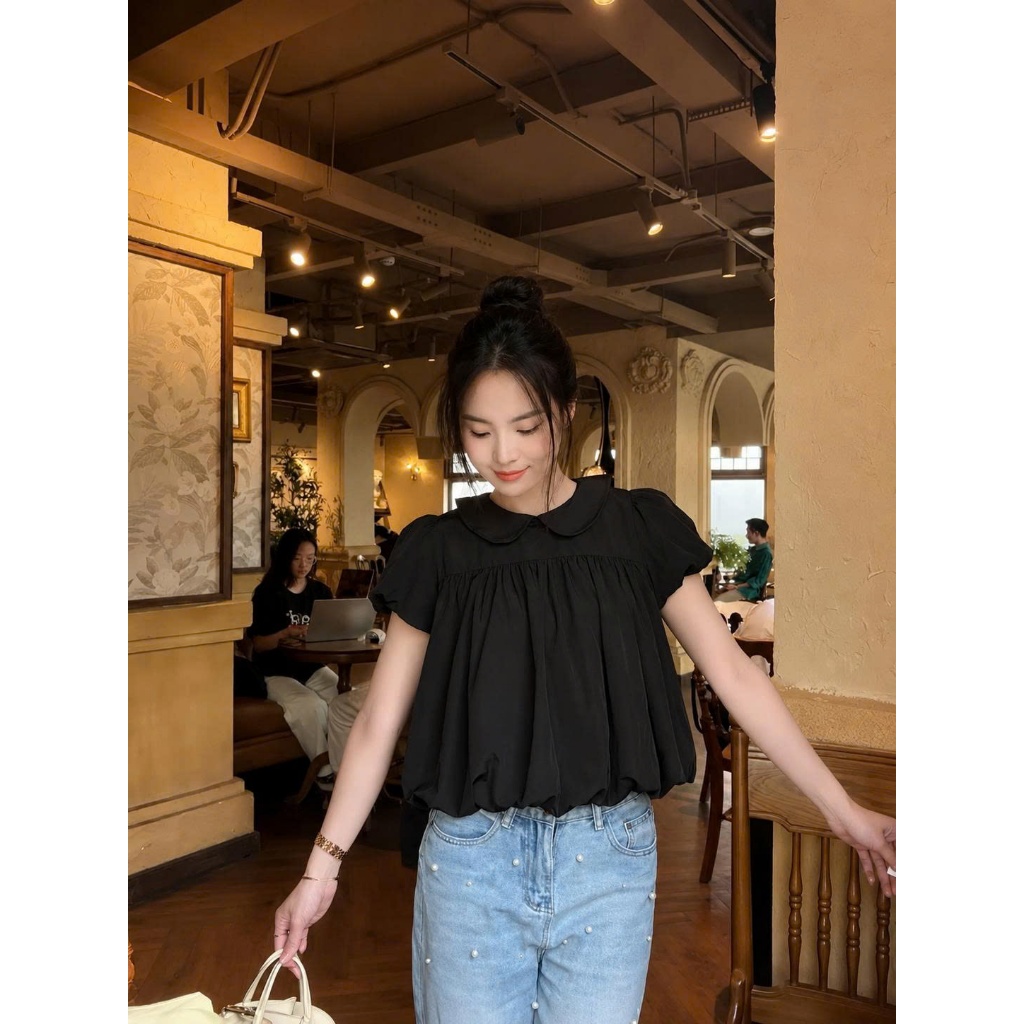 Áo kiểu babydoll cổ sen tay phồng dáng bí đáng yêu phong cách Hàn Quốc