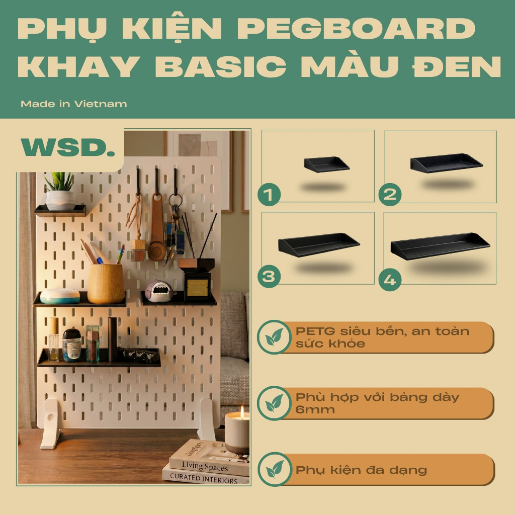 Phụ kiện pegboard gỗ, phụ kiện pegboard, khay basic ĐEN đa dạng kích thước, Decor bàn làm việc.