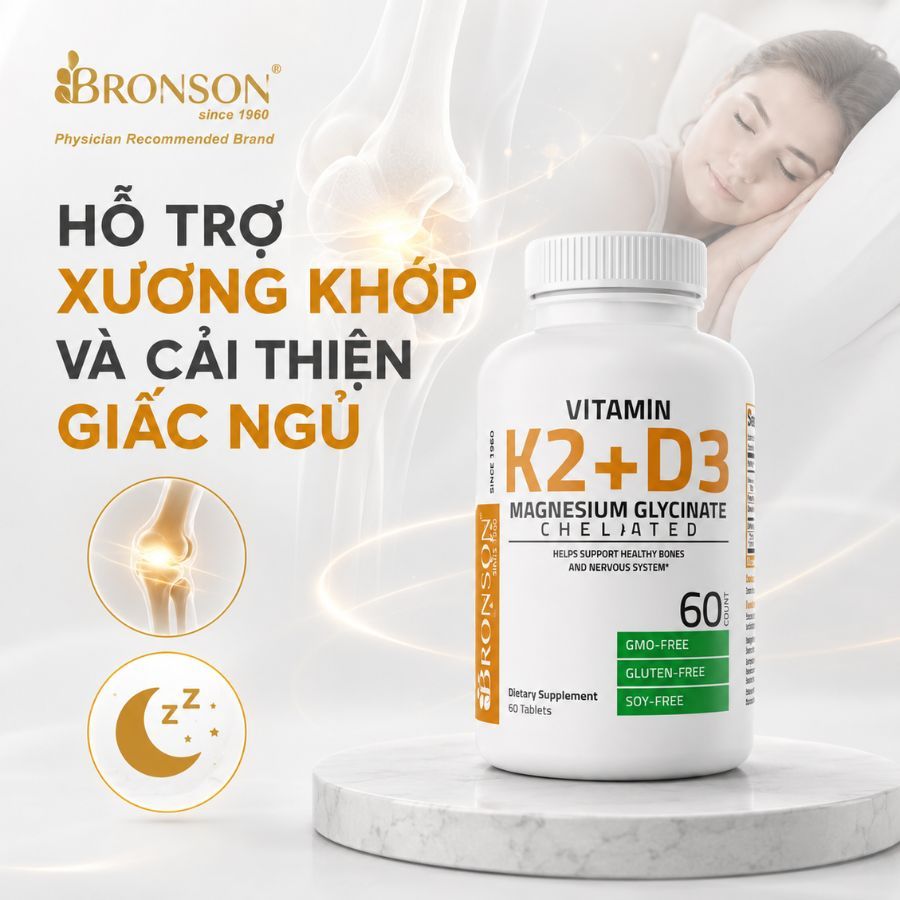 Viên Uống Vitamin D3+K2 & Magnesium Glycinate Bronson ( 60 viên ) Hỗ Trợ Xương Khớp Và Chất Lượng Gi