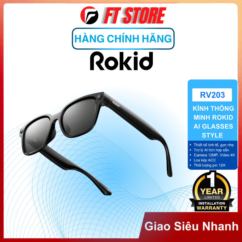 Kính Thông Minh Rokid AI Glasses Style RV203 Camera 12MP, Trợ lý AI Tích Hợp Chat GPT-5 - Chính Hãng