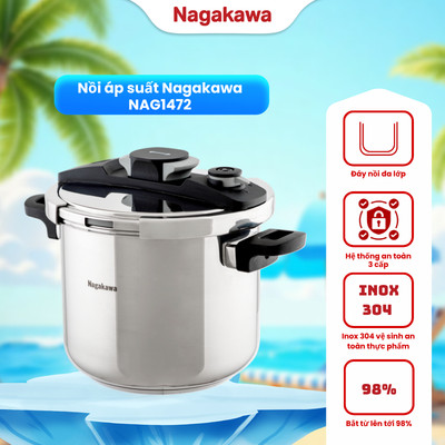 Nồi áp suất Nagakawa NAG1472, dung tích 7L, lòng nồi inox 304, có hệ thống an toàn, bảo hành 12 tháng