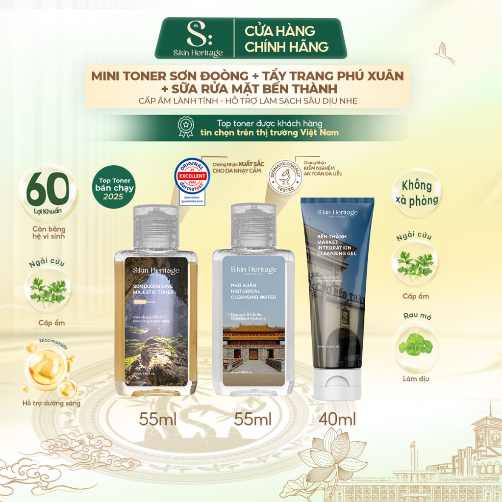 COMBO SALE Skin Heritage Toner Sơn Đoòng 55ml & Nước tẩy trang Phú Xuân 55ml & Sữa rửa mặt Bến Thành 40ml