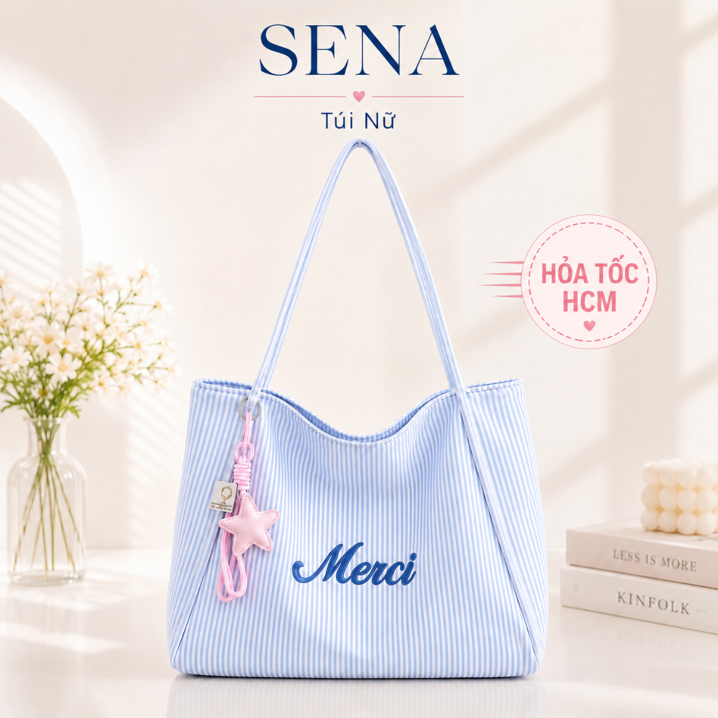 Túi Tote Nữ Đeo Vai Hàn Quốc SENA Vải Sọc Đựng iPad Túi Xách Nữ Đi Học Đi Làm Basic Thời Trang TX92