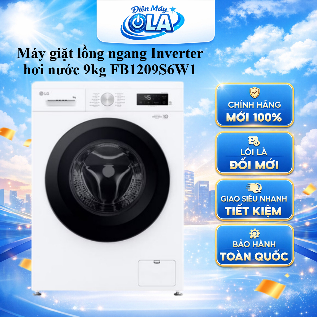 (HCM) - FB1209S6W1 - Máy giặt LG Inverter GIẶT HƠI NƯỚC 9kg màu trắng FB1209S6W1