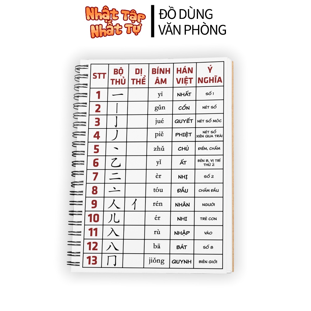 Sổ Tay Ghi Chú - Đính Kèm 214 Bộ Thủ Tiếng Trung