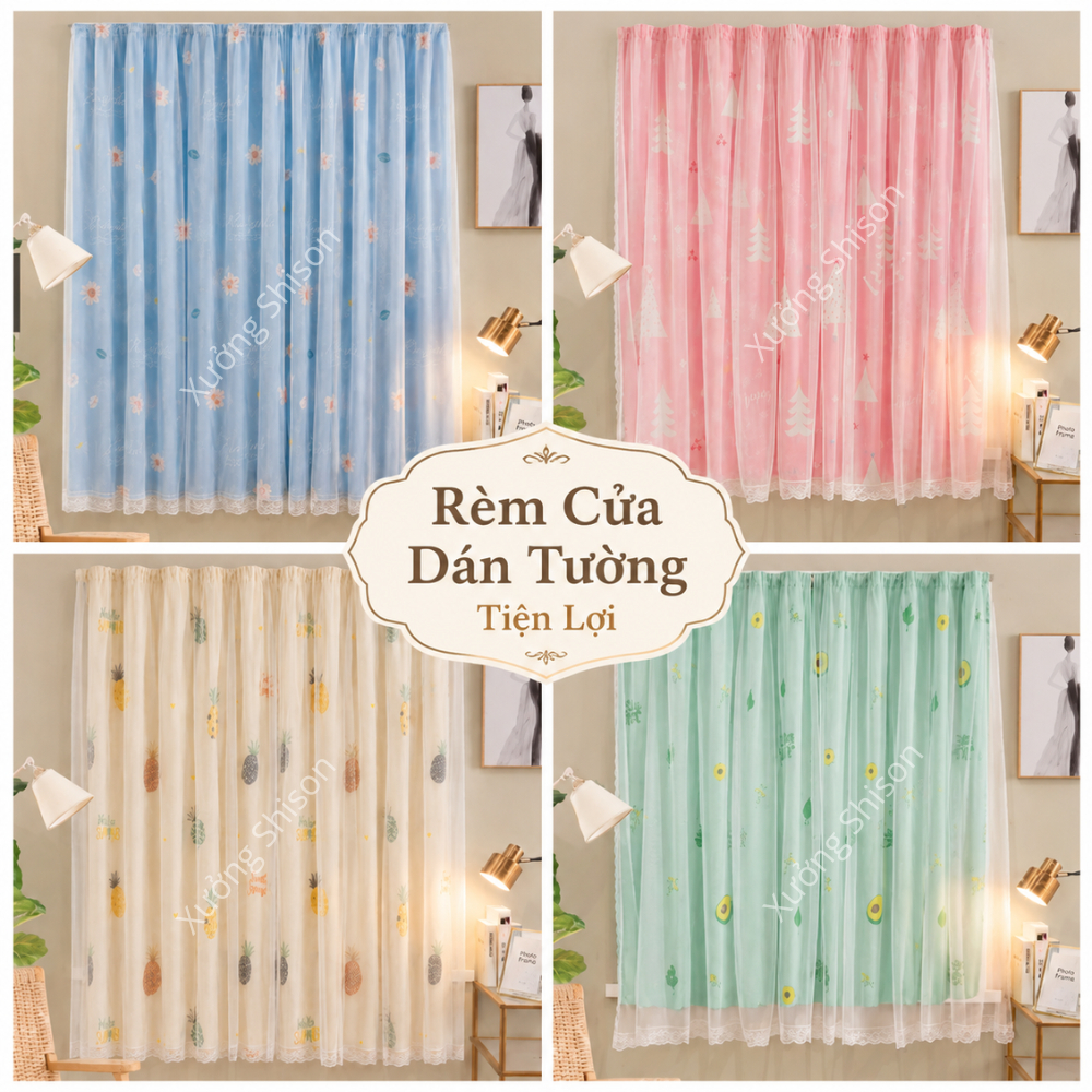 Rèm dán cửa sổ 2 lớp đẹp mắt, không khoan đục tường, trang trí nhà cửa tiện lợi, tặng kèm phụ kiện