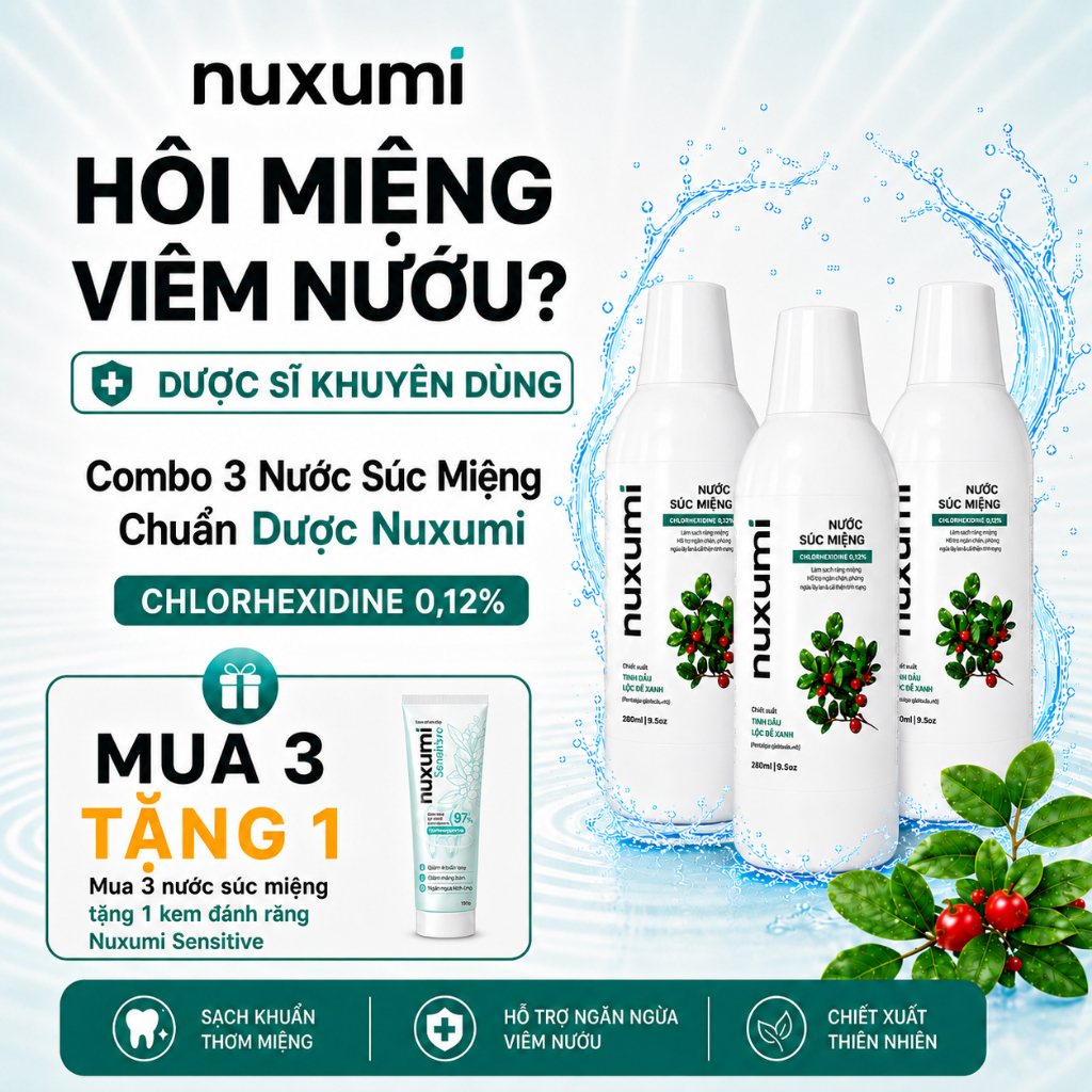 Combo 3 Nước Súc Miệng Nuxumi Giảm Hôi Miệng, Viêm Nướu, Hơi Thở Thơm Mát Chai 280ml