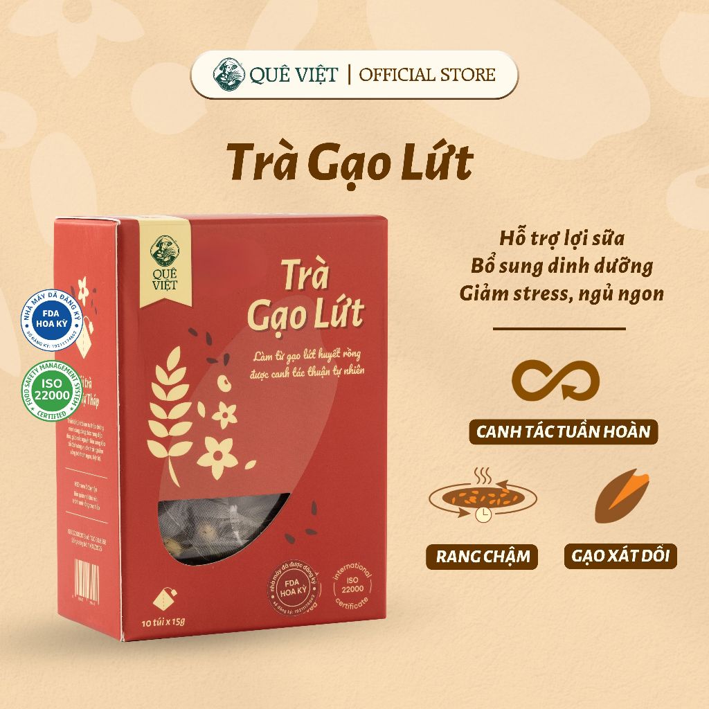 Trà gạo lứt lợi sữa Quê Việt thanh lọc gan, giải độc cơ thể nguyên liệu tự nhiên an toàn - Hộp 150g 