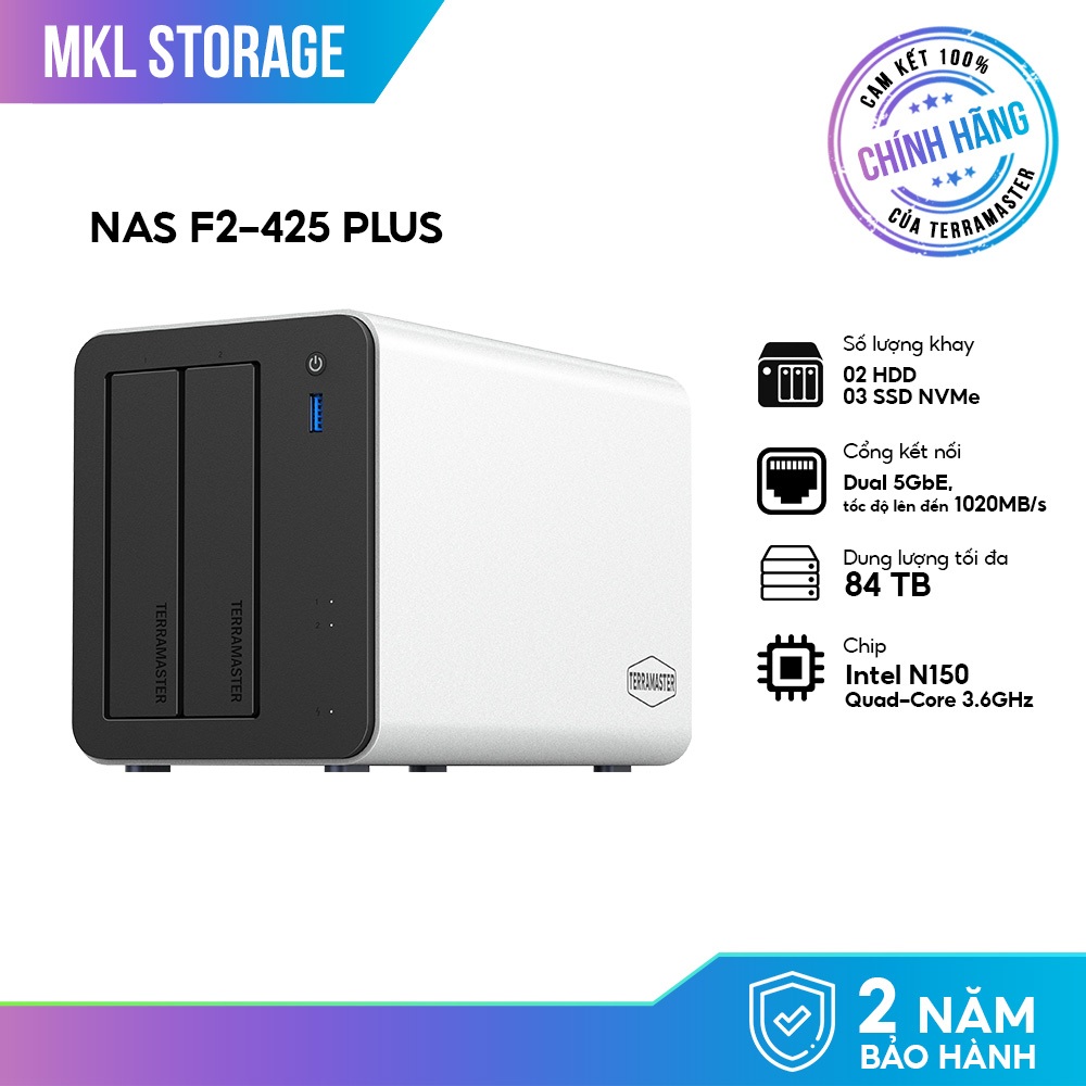 Thiết bị lưu trữ NAS TerraMaster F2-425 Plus (2-Bay Hybrid NAS) 8GB DDR5, 5GbE, USB 3.2 -  MKL Stora