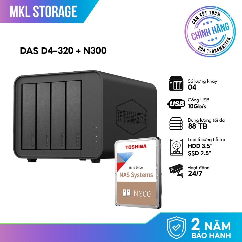Combo bộ Thiết bị lưu trữ DAS TerraMaster D4-320 4-bay + ổ cứng HDD Toshiba N300 - MKL Storage