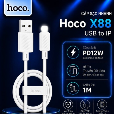 Cáp sạc nhanh PD12W USB to IP Hoco X88 dùng cho ip14 trở xuống, dây dẻo siêu bền dài 100CM