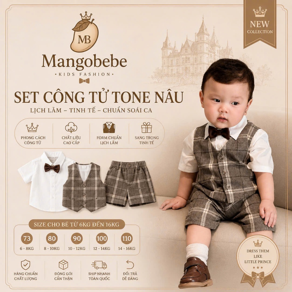 Mangobebe- Set tổng đài mie 4CT kẻ xám nơ nâu cho bé trai đi tiệc thôi nôi