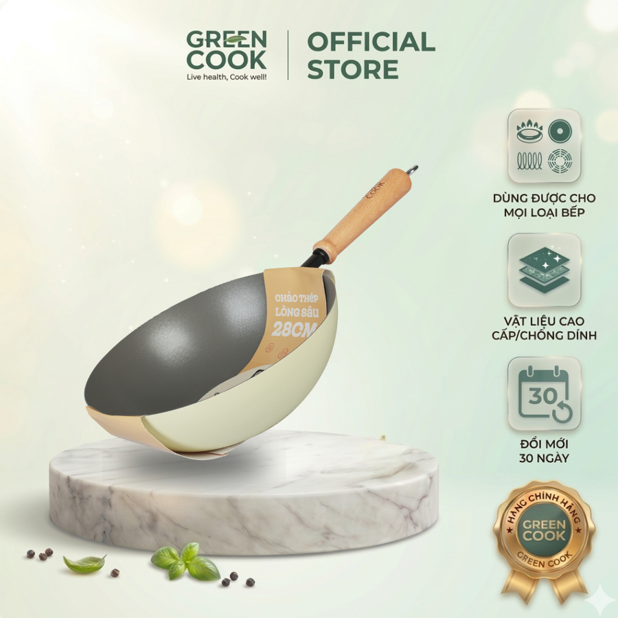 Chảo Thép Sâu Chống Dính 28 cm Green cook GCW257-28IH - Hàng Chính Hãng Green Cook