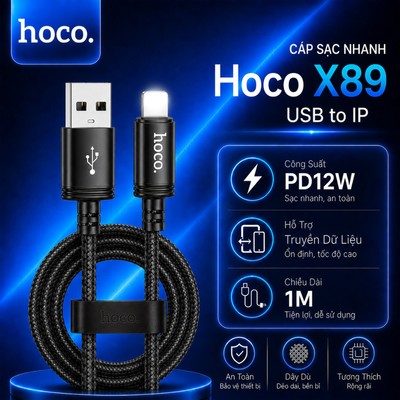 Cáp sạc PD12W USB to IP Hoco X89 dùng cho 14 trở xuống , dây vải dù bện chống rối dài 1M