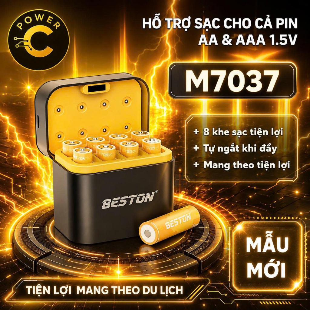 Hộp sạc pin AA/AAA 1.5V M7037 thương hiệu Beston, tự ngắt khi đầy, tiện lợi
