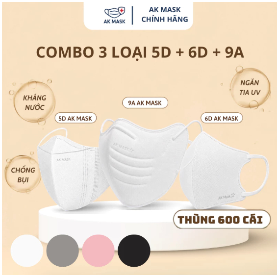 Combo 600 chiếc Khẩu trang 5D, 6D và 9A AK Mask Chính Hãng Chống Tia UV 3 Lớp,Kháng Khuẩn,Kháng Nước