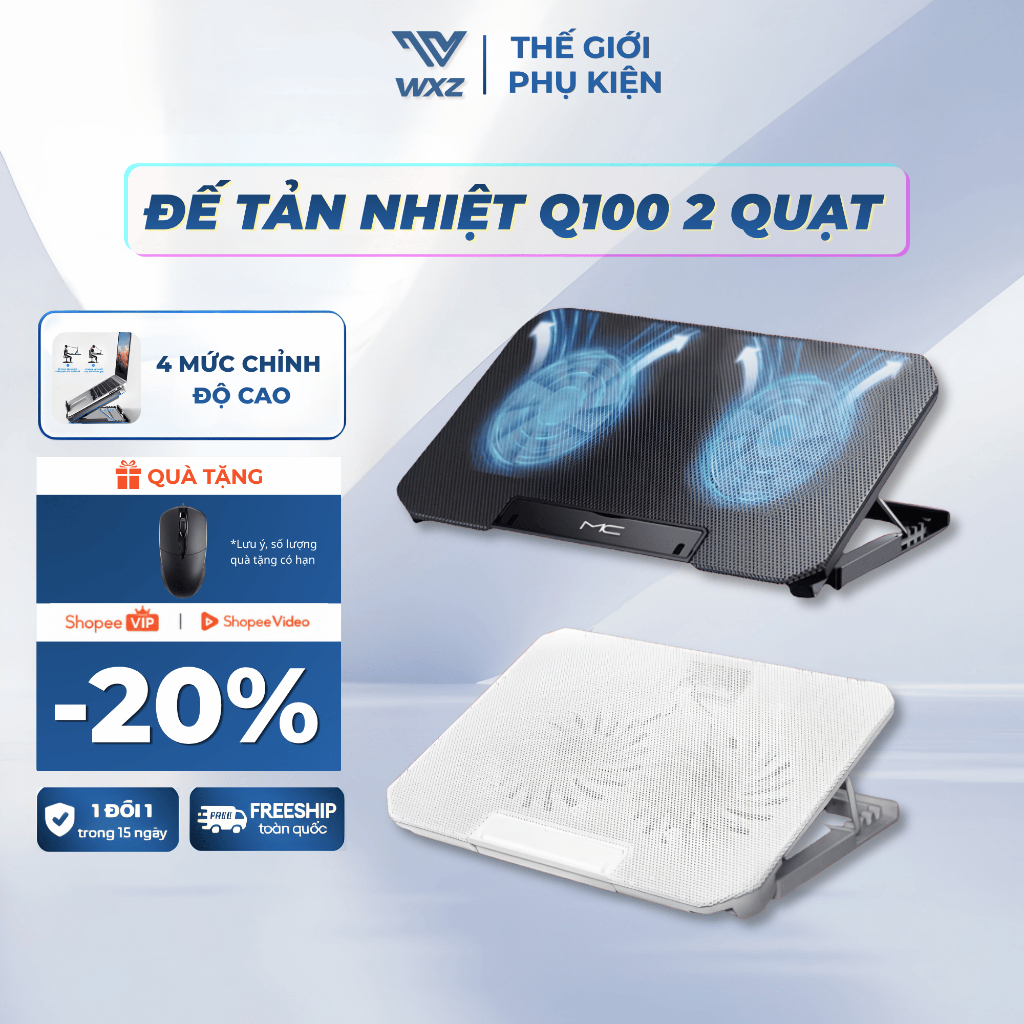 Đế Quạt Tản Nhiệt Laptop Q100 – 2 Quạt Siêu Mạnh, Chống Ồn, Chống Nóng Máy, 4 Mức Nâng Cao