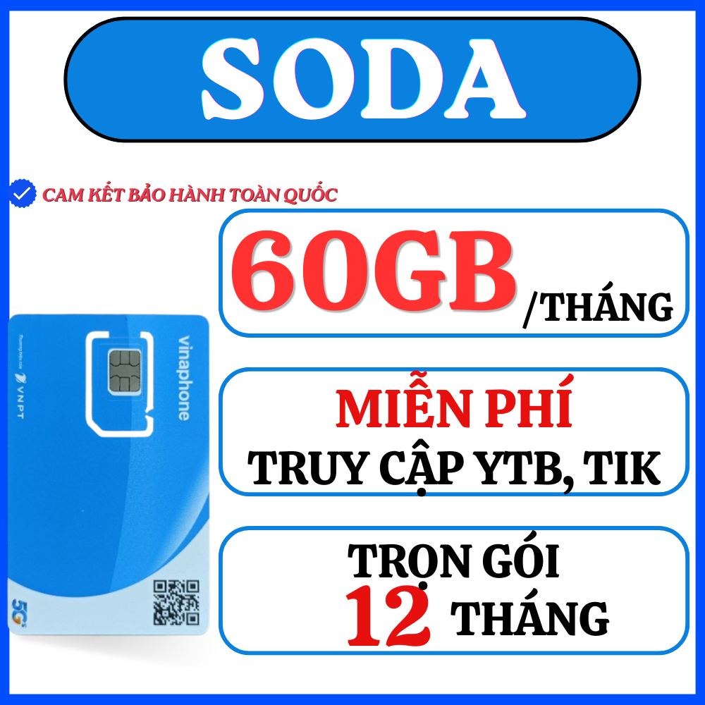 Sim Data Lướt Mạng Thả Ga FREE 12 Tháng | Vinaphone Tặng 1 TỶ GB xem YT, TIK & 60GB Tốc Độ Cao/tháng