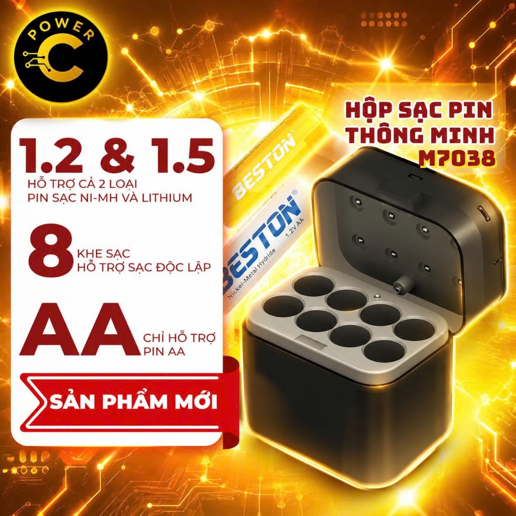 Hộp sạc pin Beston M7038 cho pin AA 1.2V và 1.5V đèn thông báo sạc tiện lợi theo dõi