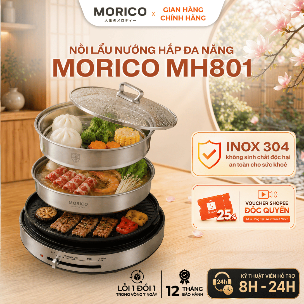Nồi Lẩu Nướng Hấp 3in1 Morico MH801 4L, Đáy Vòng Cung 360°, Inox 304 Chống Dính, Công Suất 1300W