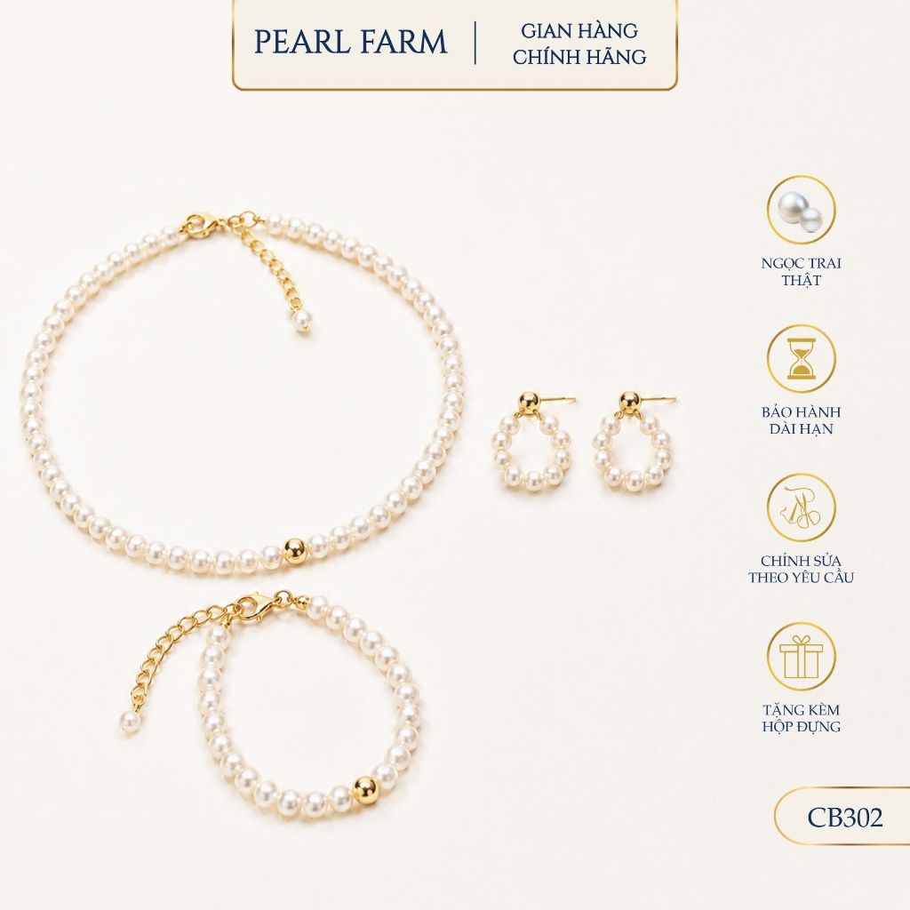 Bộ Dây Chuyền Vòng Tay Bông Tai Ngọc Trai Phối Bi Vàng Pearl Farm