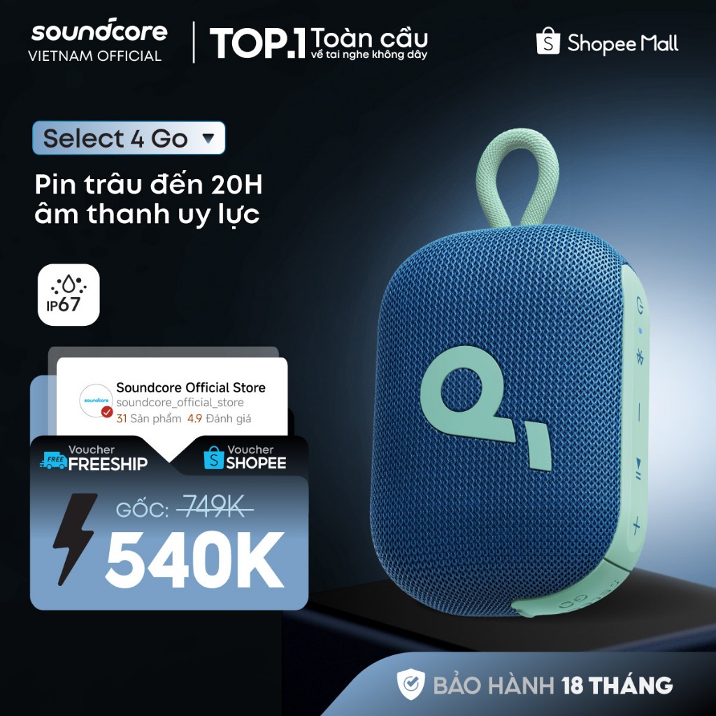 Loa bluetooth soundcore Select 4 Go | Pin 20 giờ | Kháng bụi, nước IP67
