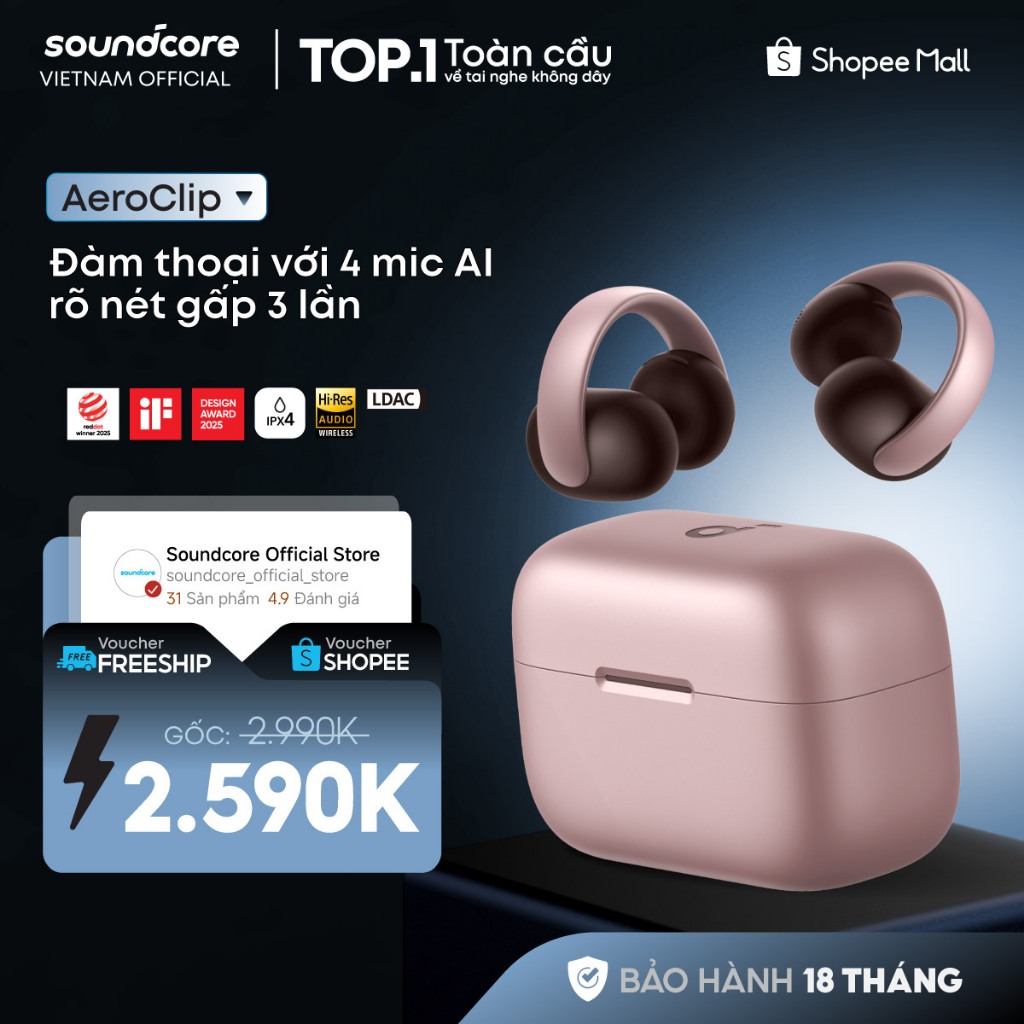 Tai nghe nhét tai dạng kẹp hở Soundcore AeroClip | Thích ứng thoải mái | Chống nước IPX4 | Tích hợp phiên dịch