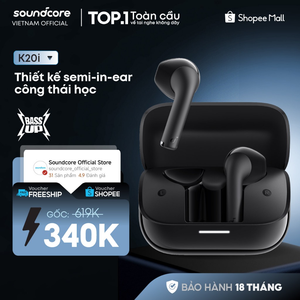 Tai nghe bluetooth Semi In-Ear soundcore K20i | Siêu gọn nhẹ | Chống nước IPX5 | Tích hợp phiên dịch
