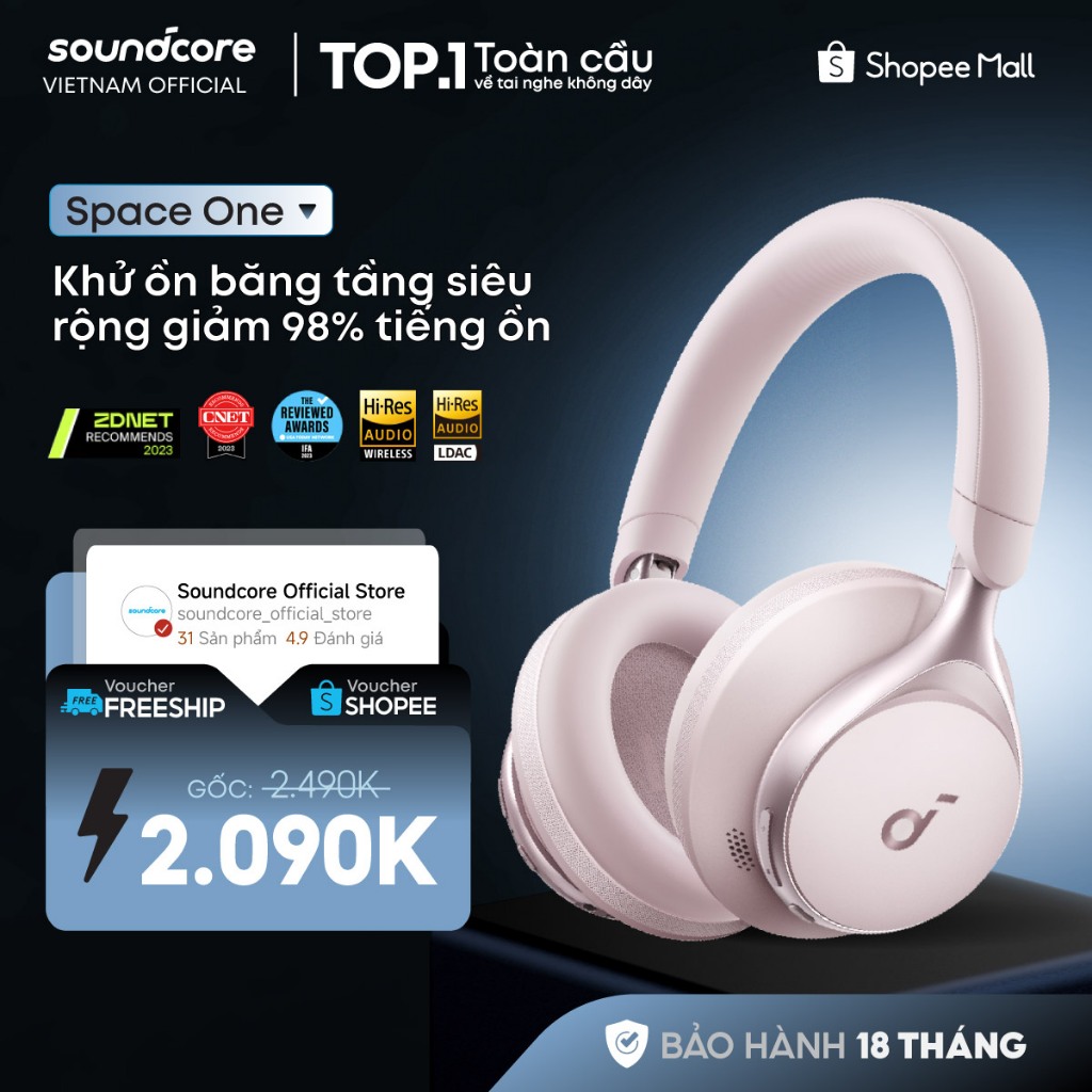 Tai nghe không dây chụp tai soundcore Space One | Âm thanh Hi-res | Giảm ồn 98% | 55h phát nhạc