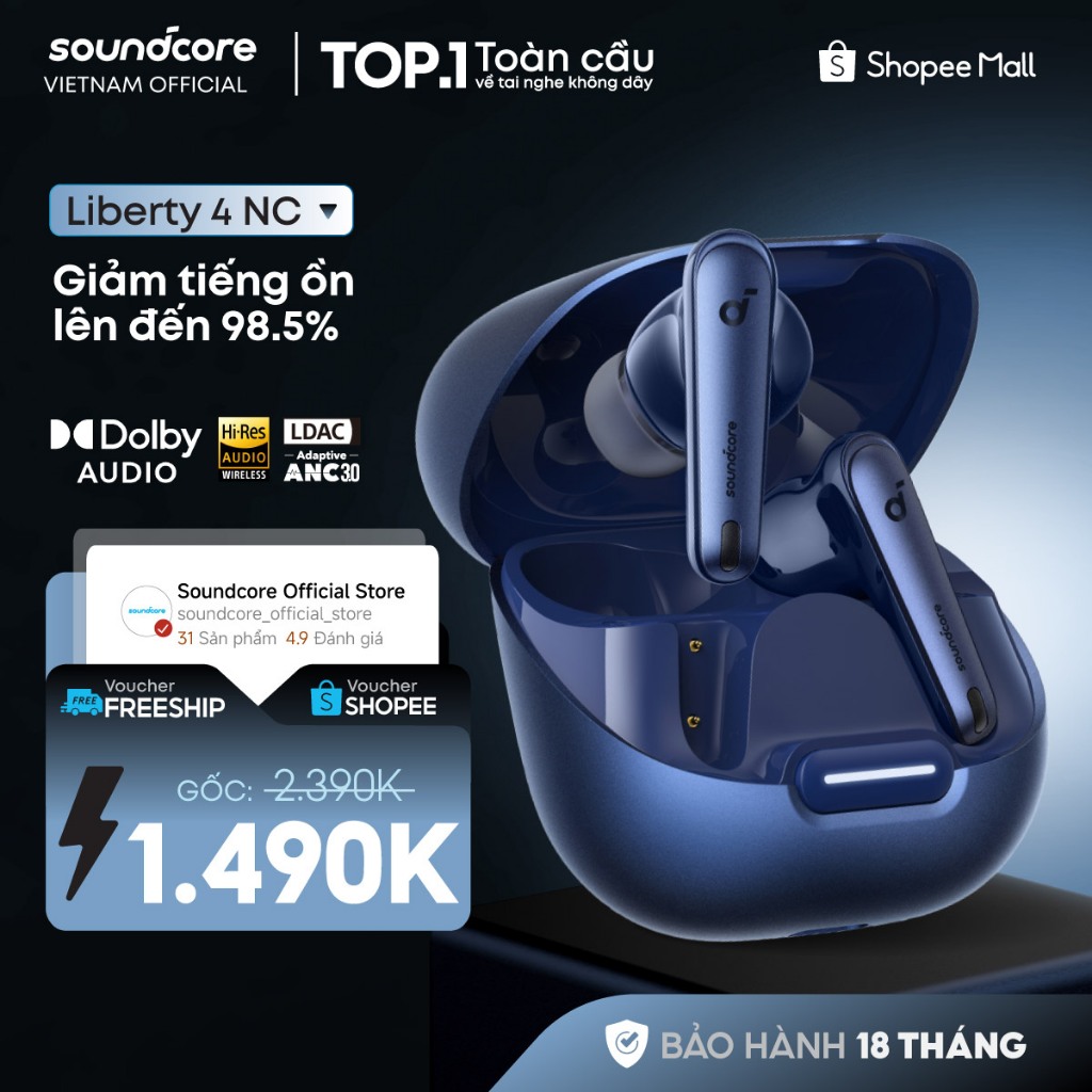 Tai nghe bluetooth soundcore Liberty 4NC | Chống ồn ANC 50 giờ phát nhạc | Sạc nhanh | Tích hợp phiê