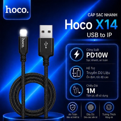 Cáp sạc nhanh PD10W USB to IP Hoco X14 dùng cho 14 trở xuống, dây dù siêu bền dài 1M/2M