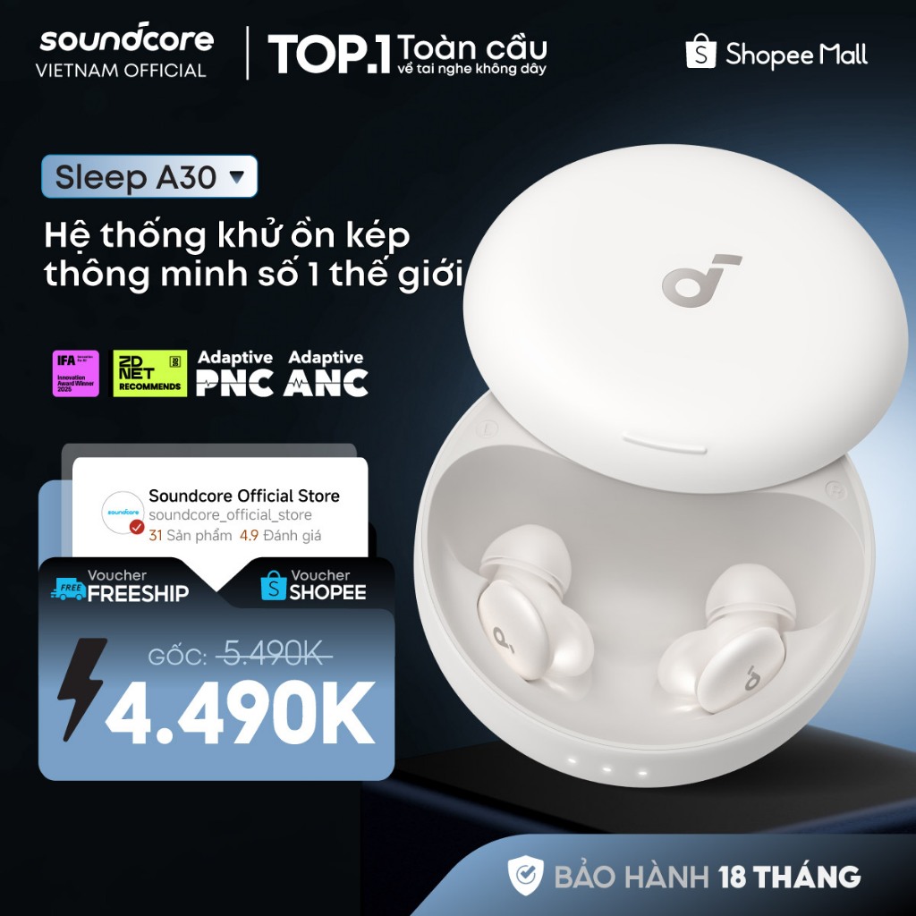 Tai nghe ngủ Soundcore Sleep A30 |Theo dõi giấc ngủ | Làm dịu tiếng ngáy | Âm thanh sóng não AI