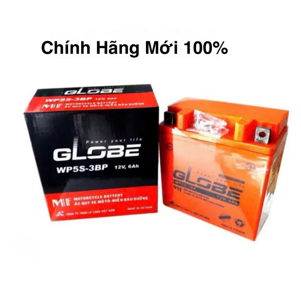 Bình ắc quy 12v khô GLOBE WP5S-3BP | 12V - 6ah, cho xe dream, wave thái, sirius xăng cơ.