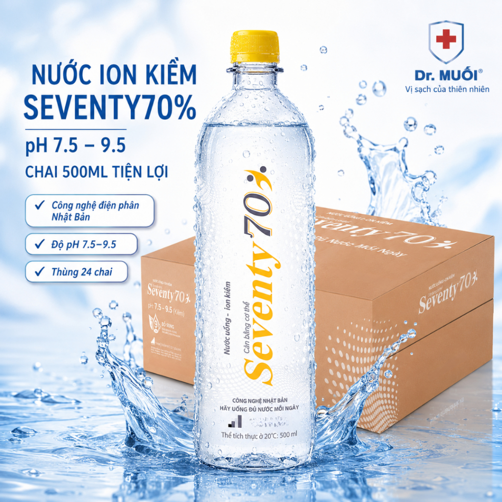 Thùng 24 Chai Nước Ion Kiềm Seventy70% 500ml Mr. Muối - Nước Uống Ion Kiềm pH 7.5-9.5