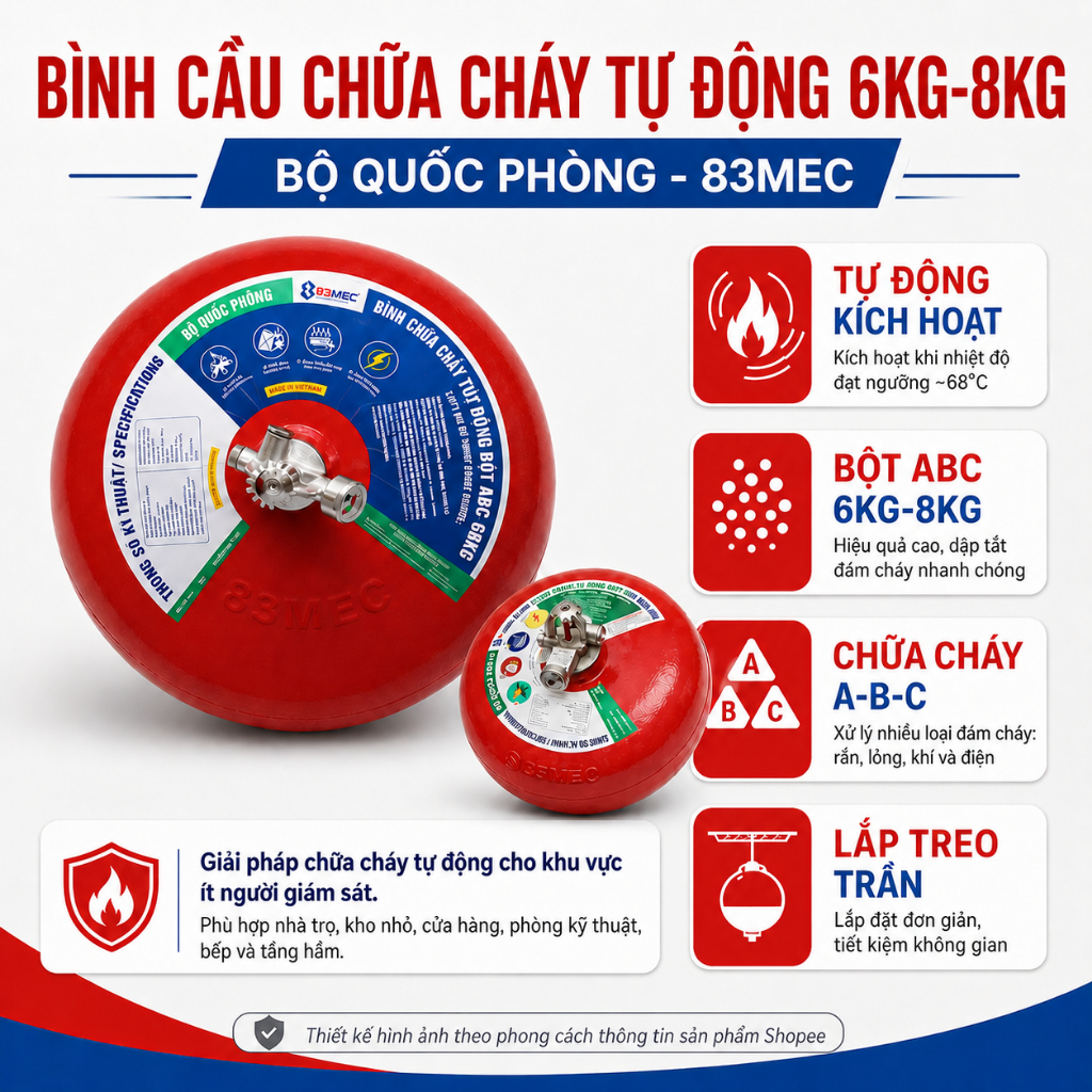 Bình Cầu Chữa Cháy Tự Động 83MEC Bộ Quốc Phòng, Có Kiểm Định, Bình Treo Trần Cho Nhà Trọ, Kho,Nhà Xe