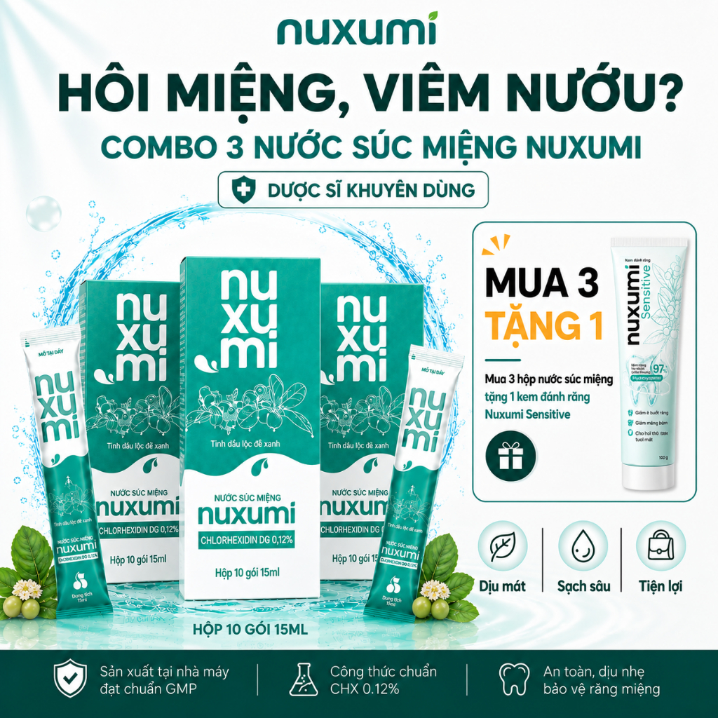 Combo 3 Nước Súc Miệng Nuxumi Giảm Hôi Miệng, Viêm Nướu, Hơi Thở Thơm Mát Hộp 10 gói 15ml