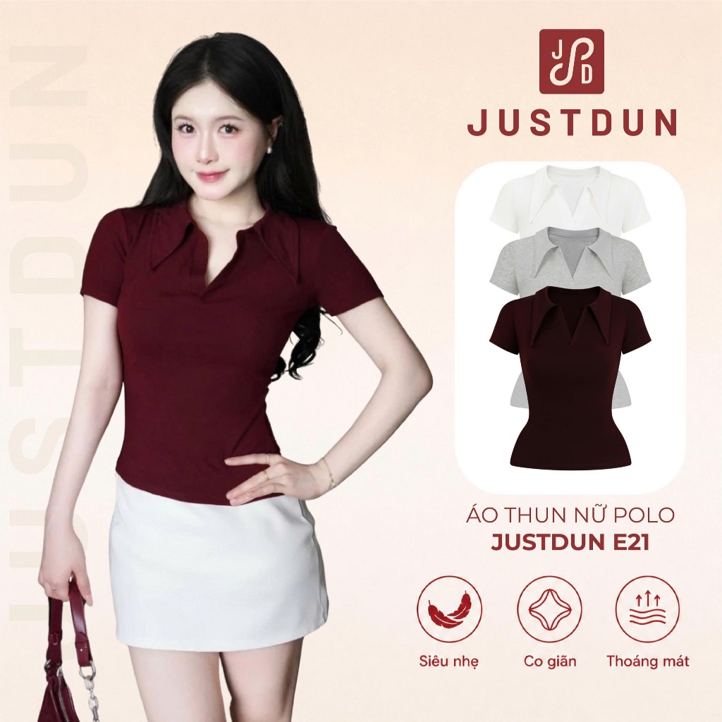 Áo Thun Nữ Polo JUSTDUN E21 – Cổ Sơ Mi Cotton Mịn Cao Cấp, Form Ôm Đẹp, Co Giãn Thoải Mái,Thanh Lịch
