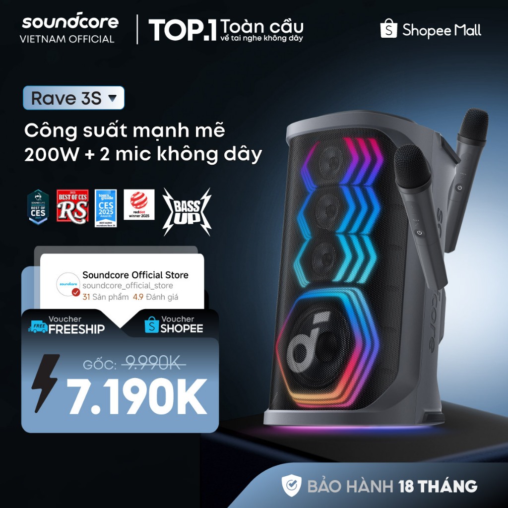 Loa bluetooth karaoke party soundcore Rave 3S | Công suất 200W | 2 mic không dây
