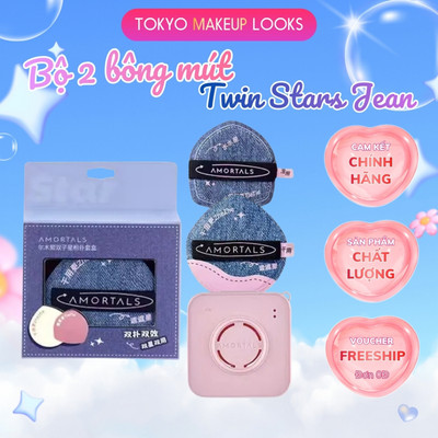 Set bông mút AMORTALS Twin Stars Jean Powder Puff mút đánh nền thoáng khí đàn hồi cao kèm hộp đựng