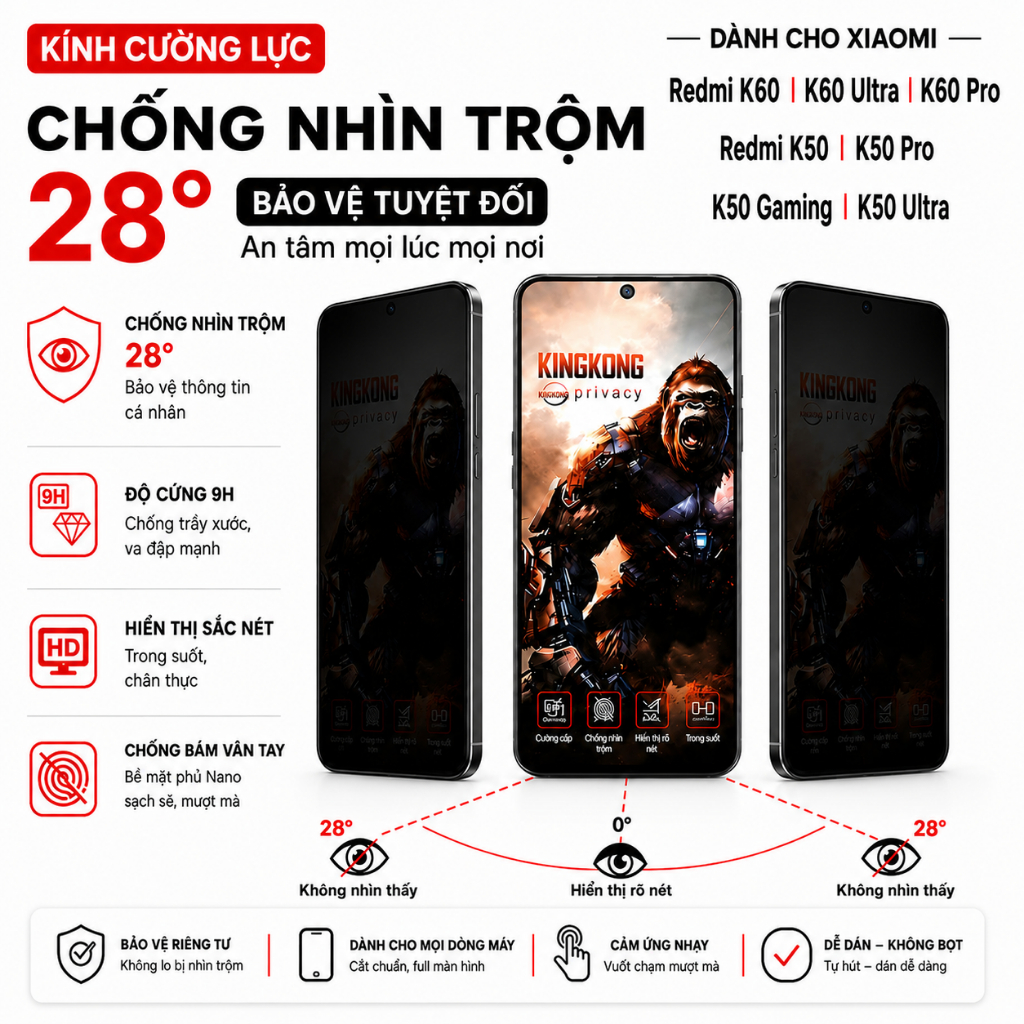 Kính cường lực chống nhìn trộm KINGKONG Dành Cho Redmi K60 K60 Ultra K60 Pro Redmi K50 K50 Pro K50 G
