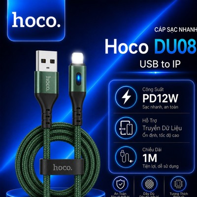 Cáp sạc PD12W USB to IP Hoco DU08/DU08 Plus dùng cho 14 trở xuống, dây bọc dù chống đứt,có đèn LED dài 1m/2m