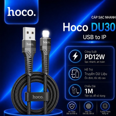Dây sạc nhanh PD12W USB to IP Hoco DU30 hỗ trợ truyền dữ liệu dành cho 14 trở xuống dài 1m/2m