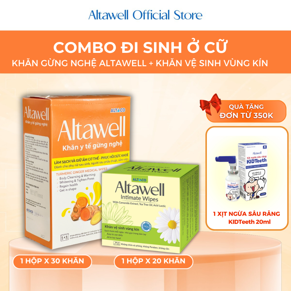Combo Đi Sinh Altawell Khăn Y Tế Gừng Nghệ & Khăn Vệ Sinh Phụ Nữ - Hỗ Trợ Làm Sạch, Khử Mùi, Lành Tí
