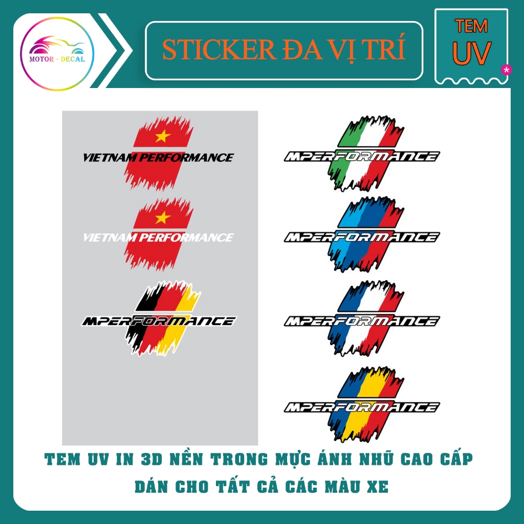 Tem Performance VIETNAM / ITALY / ĐỨC / PHÁP ( giá 1 cặp ) Tem UV Cao Cấp Chống Nước Chống Phai Màu
