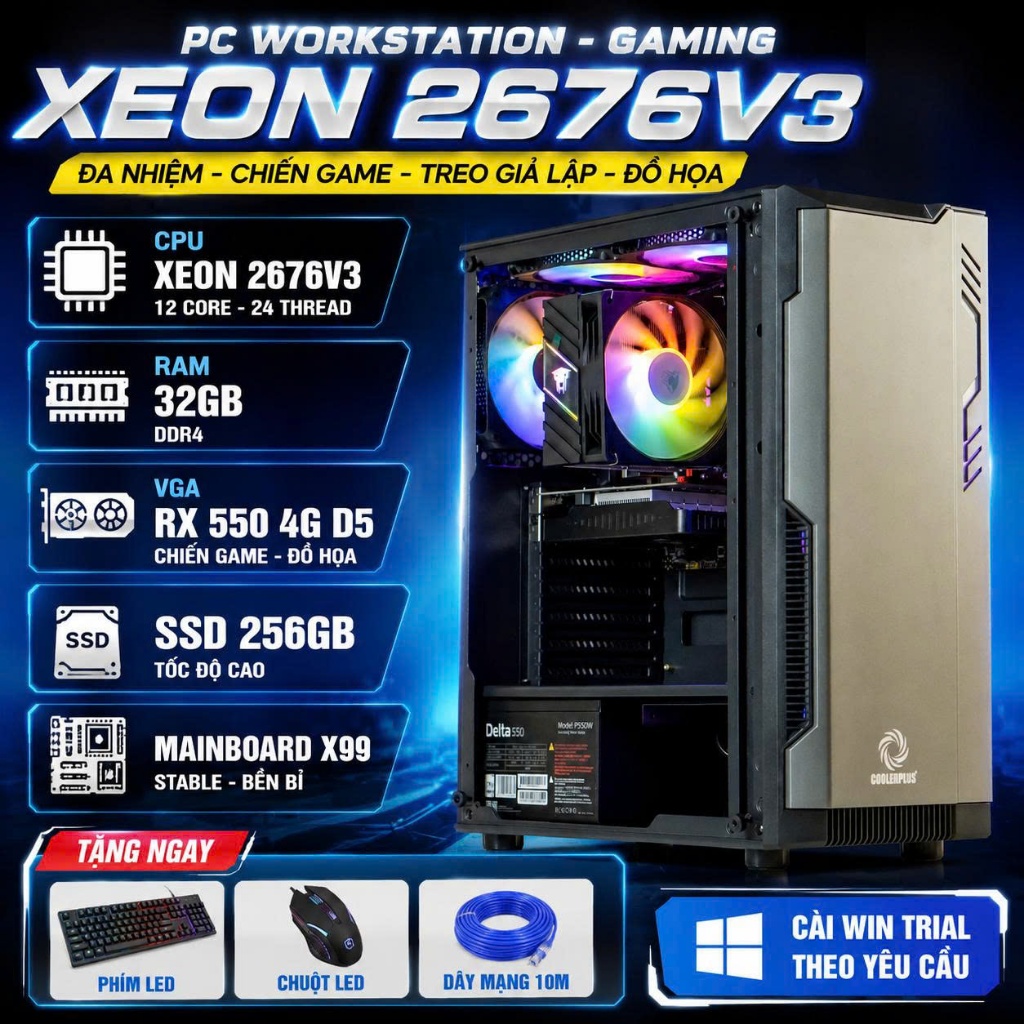 PC xeon 2676v3 Ram 32G VGA Rx550 4G D5 đa nhiệm, chiến game, treo giả lập, đồ hoạ...