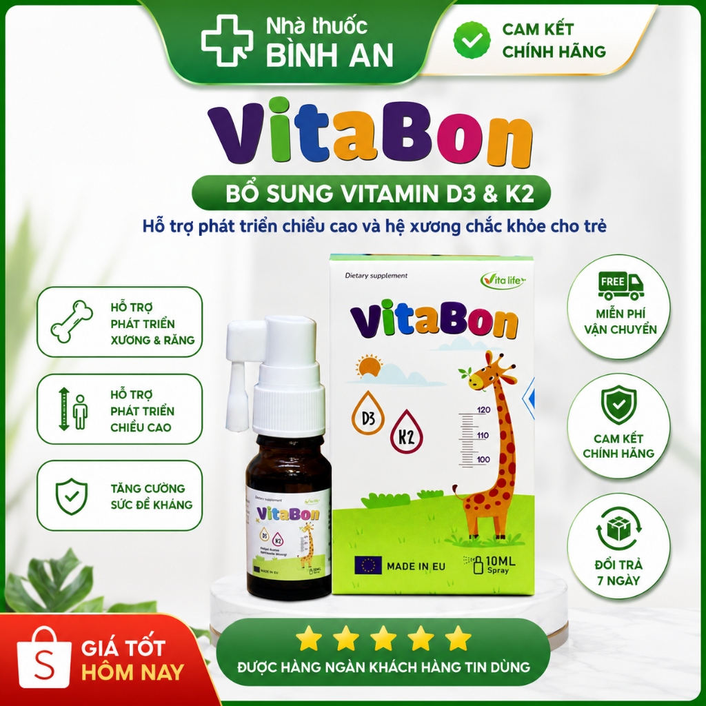 D3 K2 Vitabon- hỗ trợ bổ sung Vitamin D3 và Vitamin K2 10ml spray