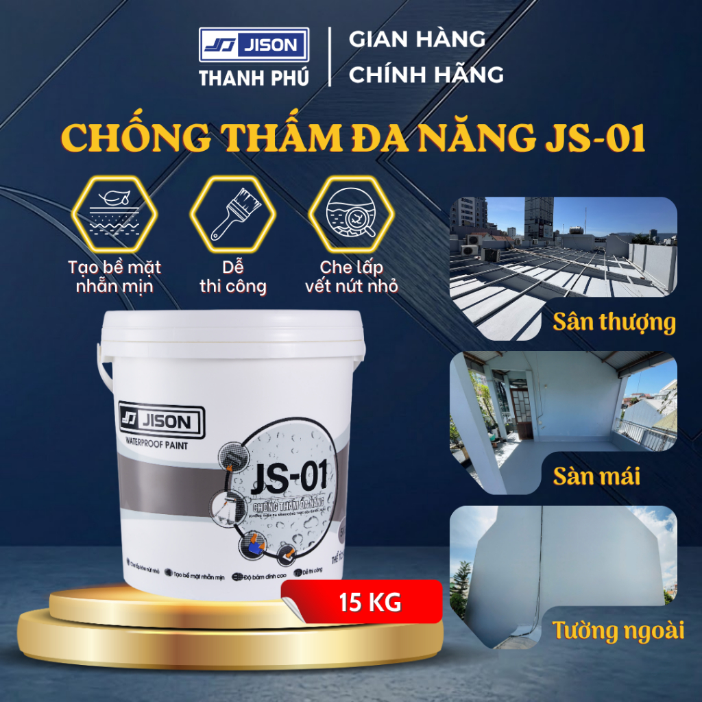 Sơn Chống Thấm Đa Năng Jison JS01, Dùng Cho Sân Thượng, Sàn Mái, Tường Ngoài Trời (15KG)