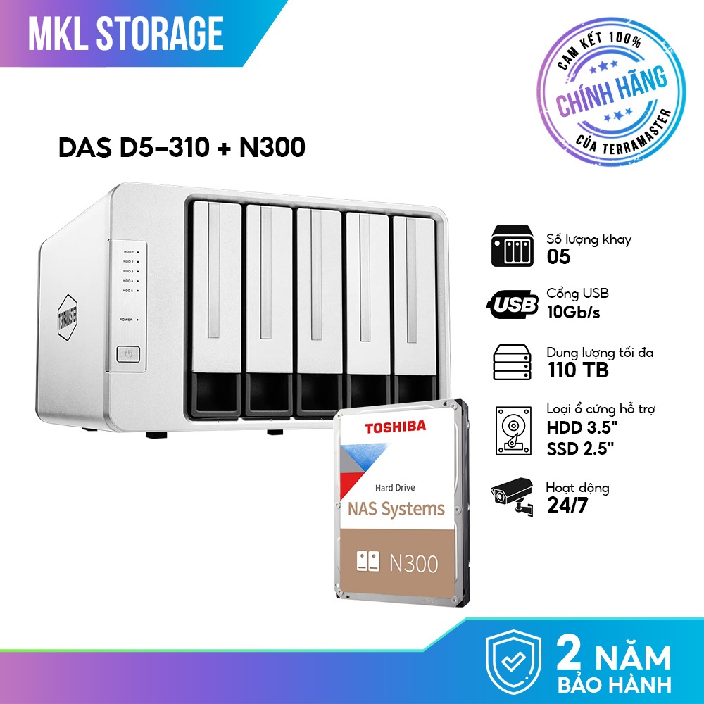 Combo bộ thiết bị lưu trữ DAS TerraMaster D5-310 5-bay + 1 ổ cứng HDD Toshiba N300 - MKL Storage